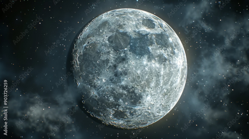 Fototapeta premium Close up view of a night full Moon reveals its rugged terrain, with craters, mountains, and valleys