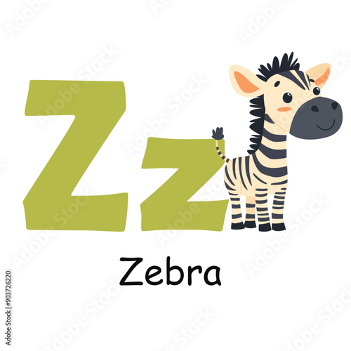 Cute animal alphabet for ABC book. Z letter for the Zebra. Vector illustration