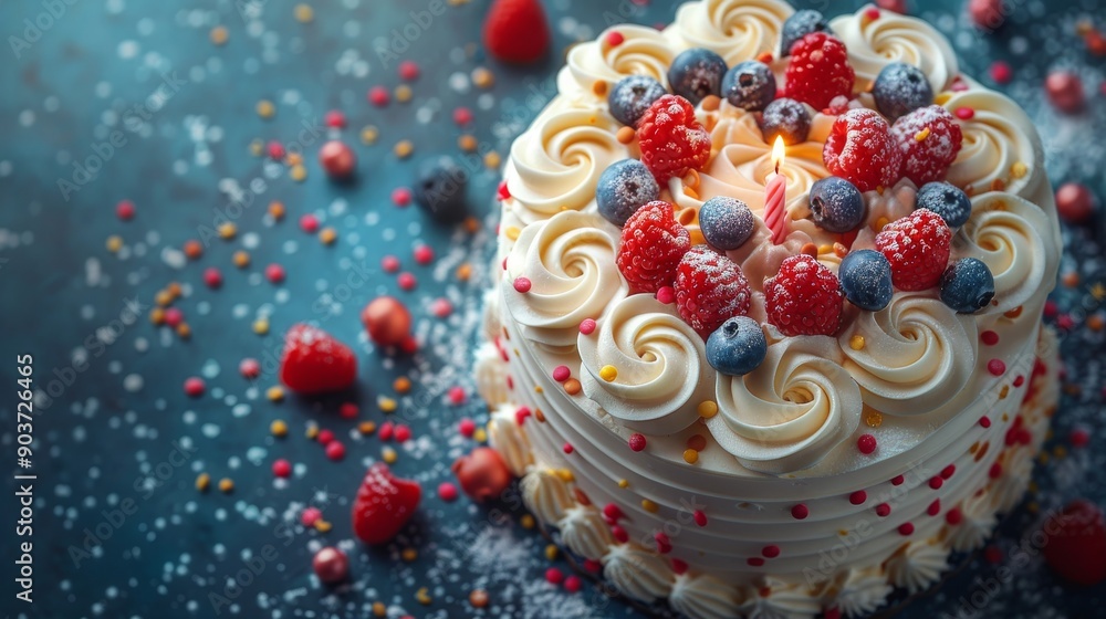 Delicious birthday cake with a lit candle surrounded by blueberries and raspberries on a blue background with sprinkles Delicious birthday cake with a lit candle surrounded by blueberries and raspberries on a blue background with sprinkles