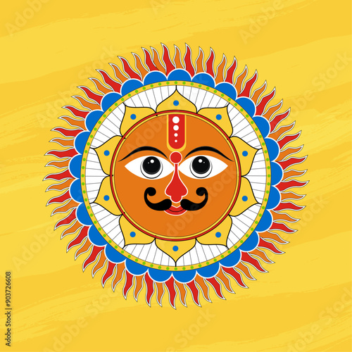 Vector illustration of Indian god Sun face  with floral mandala , Indian Folk illustration.