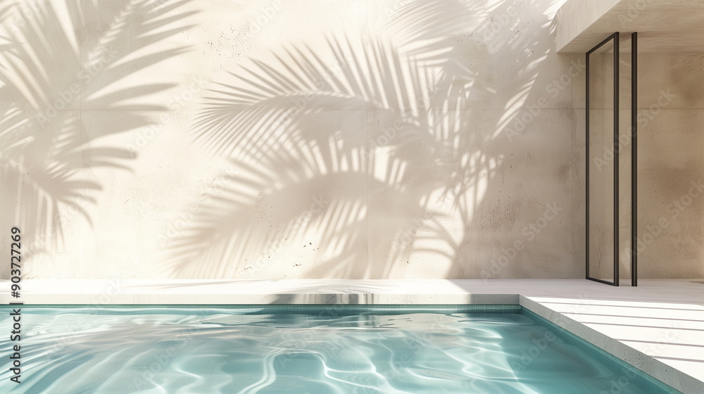 Palm tree shadows projected on concrete wall of indoor swimming pool of ...
