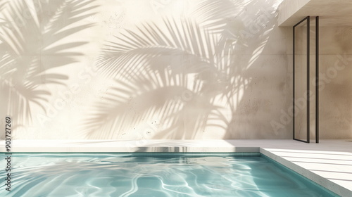 Palm tree shadows projected on concrete wall of indoor swimming pool of modern luxury hotel resort with sunlight. Summer  vacation  relaxation  rest  travel  leisure background.