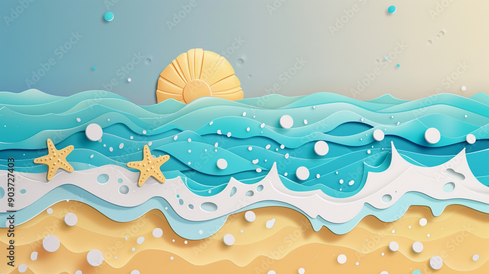 Illustration of sea water splashing on sand beach. Water splash background. Paper cut and craft style. Illustration of sea water splashing on sand beach. Water splash background. Paper cut and craft style.
