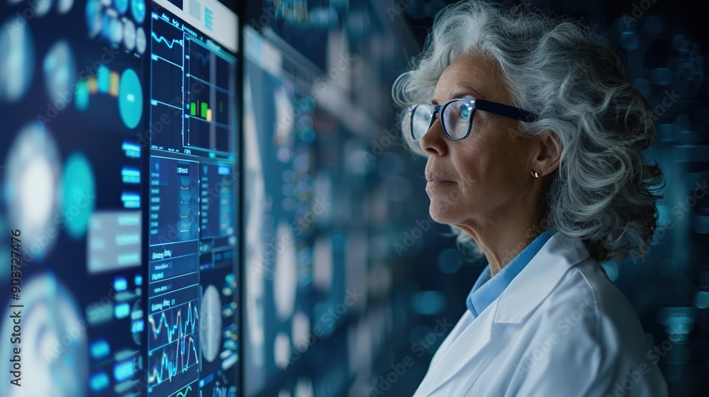 A woman in a white lab coat and glasses is looking at a computer monitor displaying a lot of information data in a dark room. A woman in a white lab coat and glasses is looking at a computer monitor displaying a lot of information data in a dark room.
