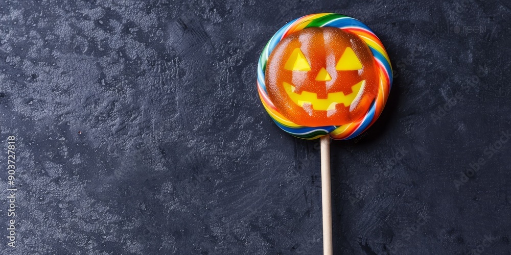 halloween pumpkin face lollipop on dark textured background - spooky candy treat concept for holiday celebrations halloween pumpkin face lollipop on dark textured background - spooky candy treat concept for holiday celebrations