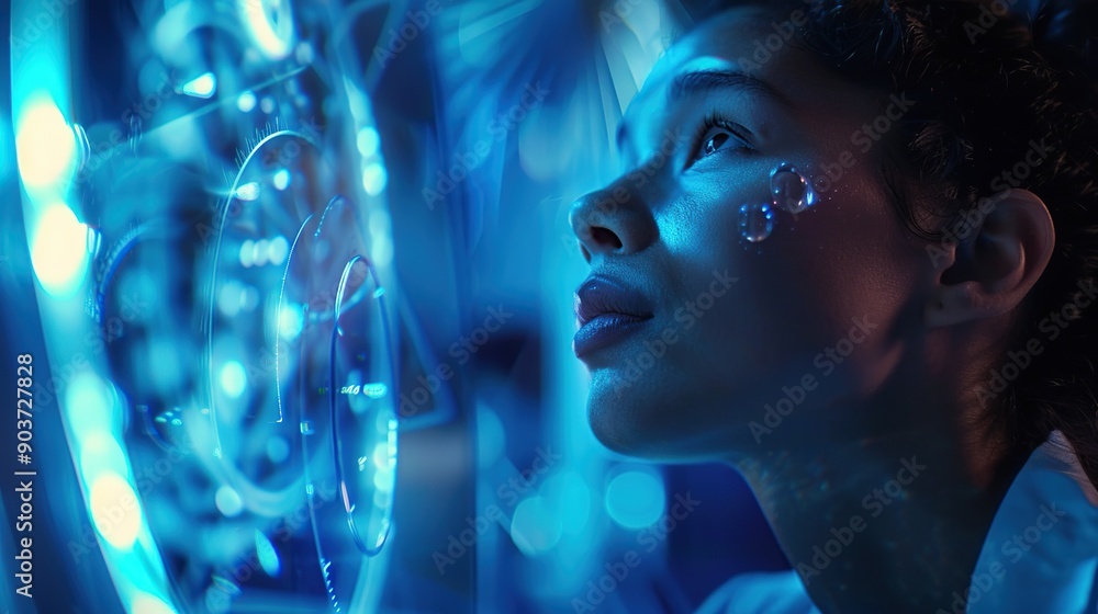 A woman is focused on staring at a computer screen with a futuristic blue background. A woman is focused on staring at a computer screen with a futuristic blue background.