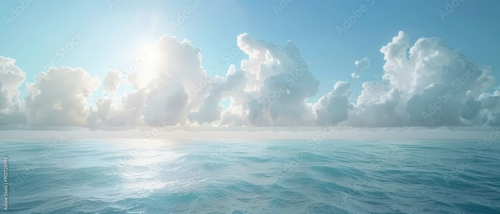 Naklejka premium A clear blue sky with a few clouds and a large body of water. The sky is bright and sunny, and the water is calm and peaceful. Concept of tranquility and serenity