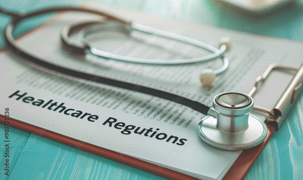 healthcare regulations concept - stethoscope on documents with healthcare regulations text on teal wooden table. healthcare regulations concept - stethoscope on documents with healthcare regulations text on teal wooden table.