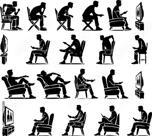 various poses men sitting watching tv silhouette illustration