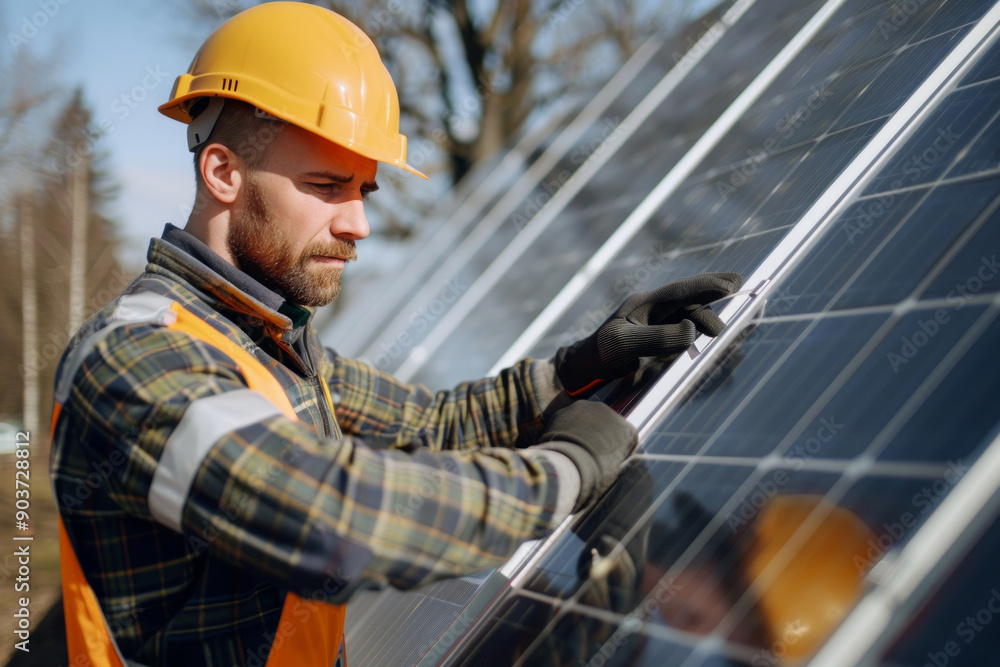 Worker in uniform and safety helmet with solar panels. Man portrait repairing solar power plant Worker in uniform and safety helmet with solar panels. Man portrait repairing solar power plant