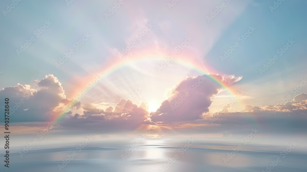 A rainbow is seen in the sky above a calm body of water. The sky is filled with clouds, and the sun is shining brightly, creating a beautiful and serene atmosphere. The rainbow is a symbol of hope A rainbow is seen in the sky above a calm body of water. The sky is filled with clouds, and the sun is shining brightly, creating a beautiful and serene atmosphere. The rainbow is a symbol of hope