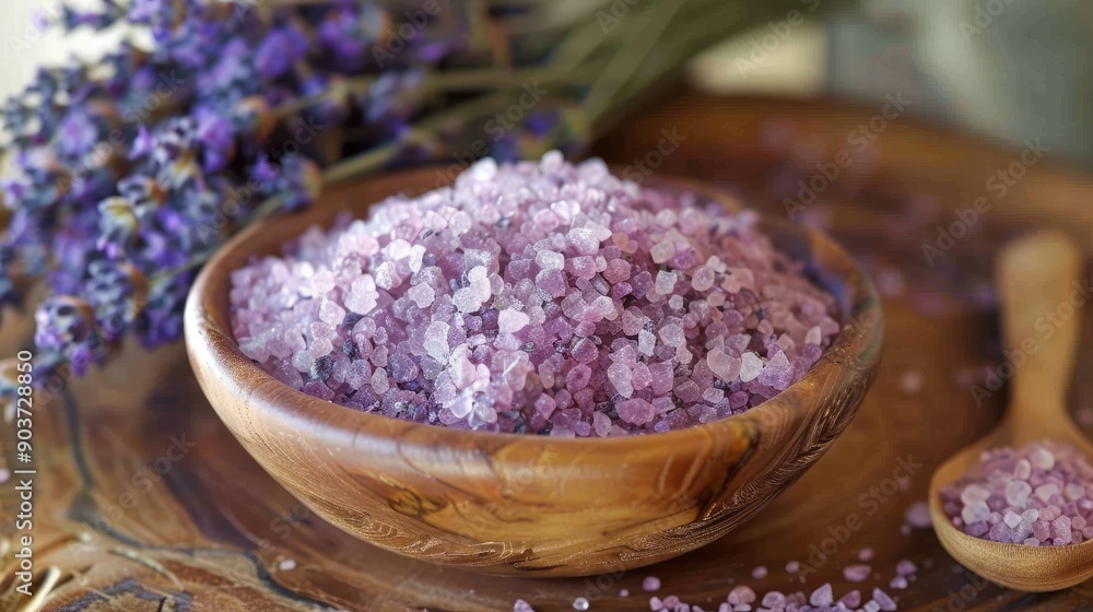 Lavender bath salts in a wooden bowl. Perfect for spa, wellness, and beauty content. Lavender bath salts in a wooden bowl. Perfect for spa, wellness, and beauty content.