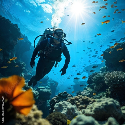 Wallpaper Mural A scuba diver swims through a vibrant coral reef, surrounded by colorful fish and illuminated by sunlight. Torontodigital.ca