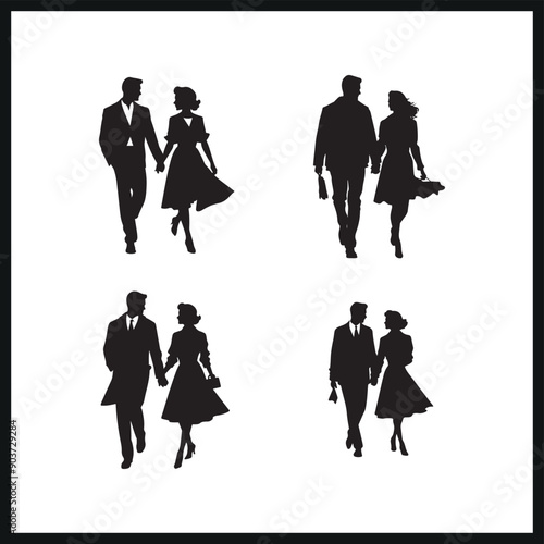 Walking couple silhouettes wearing retro style. loving couple silhouettes