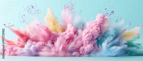 A colorful explosion of pink, yellow, and blue powder. The colors are vibrant and the texture is fluffy. Concept of excitement and energy