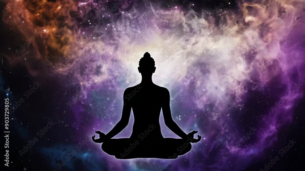 Silhouette of person meditating with colorful energy aura, spiritual awakening for mindfulness concept Silhouette of person meditating with colorful energy aura, spiritual awakening for mindfulness concept
