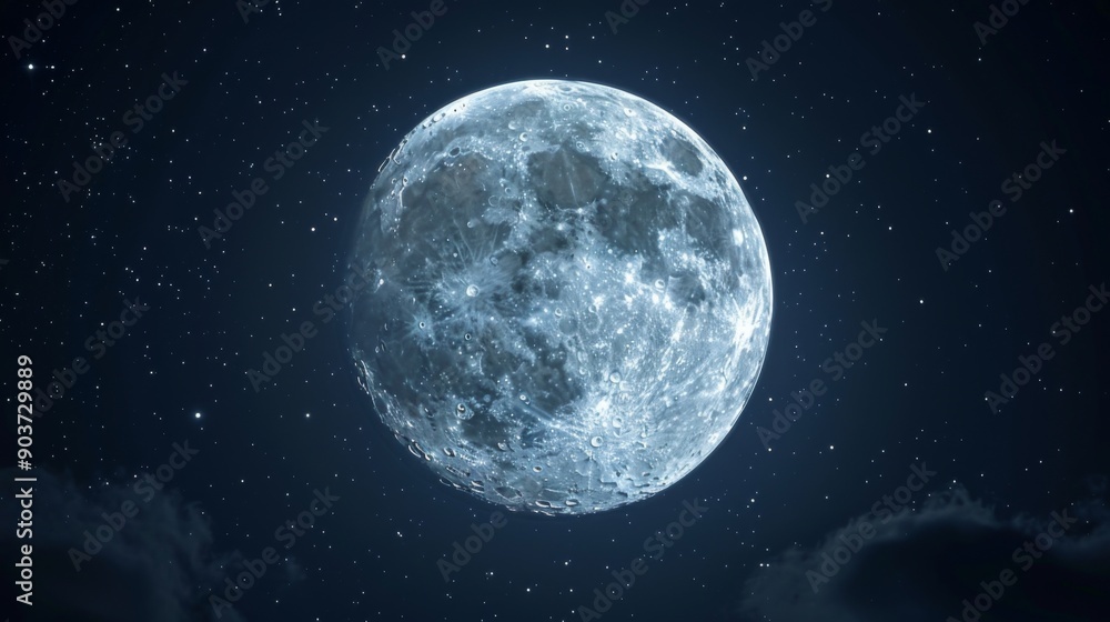 Fototapeta premium Close up view of a night full Moon reveals its rugged terrain, with craters, mountains, and valleys