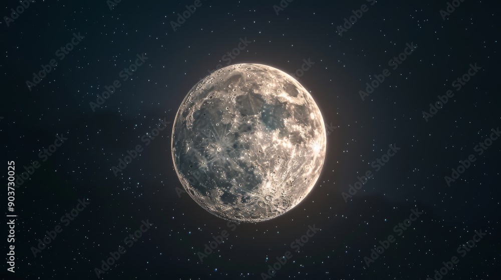 Close up view of a night full Moon reveals its rugged terrain, with craters, mountains, and valleys Close up view of a night full Moon reveals its rugged terrain, with craters, mountains, and valleys