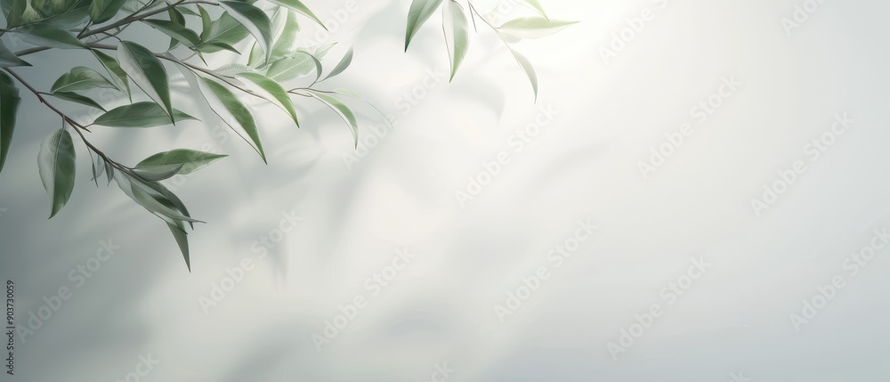 A leafy branch casts a shadow on a white background. The shadow is long and thin, stretching across the entire image. The contrast between the dark leafy branch A leafy branch casts a shadow on a white background. The shadow is long and thin, stretching across the entire image. The contrast between the dark leafy branch