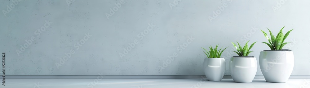 Fototapeta premium A white wall with three potted plants in it. The plants are green and are placed in different sizes. The wall is plain and has no decorations