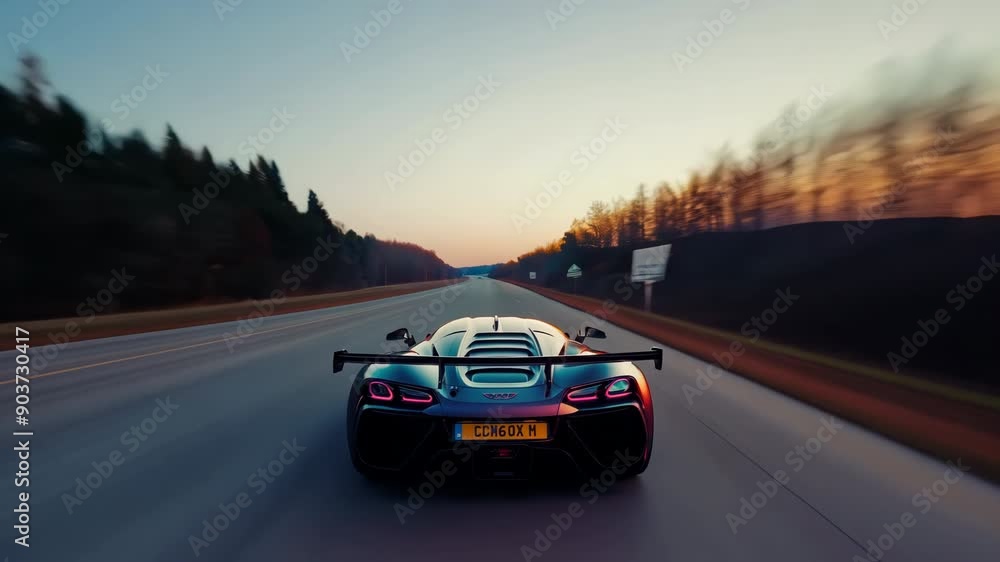 Sports car speeding on highway at dusk, fast driving for automotive thrill concept