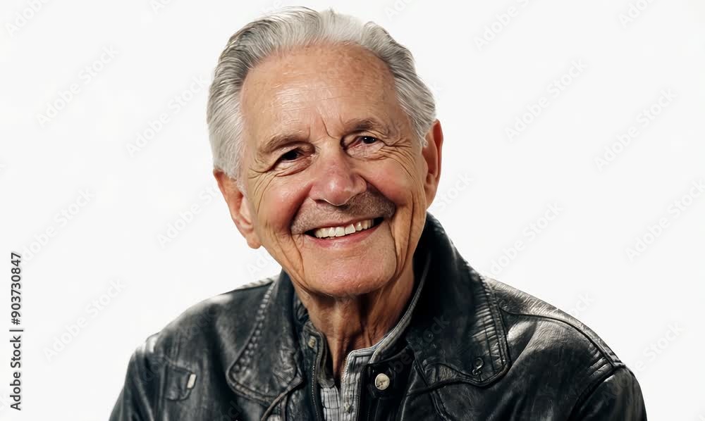 Portrait of a happy senior man in a leather jacket on a white background Portrait of a happy senior man in a leather jacket on a white background