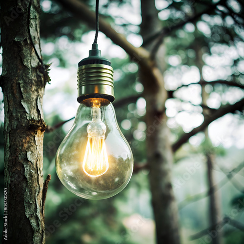 Warm Camping Light Bulb Hanging on Tree