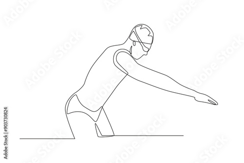 Men participating in a swimming competition are preparing to jump. Olympics swimming concept one-line drawing
