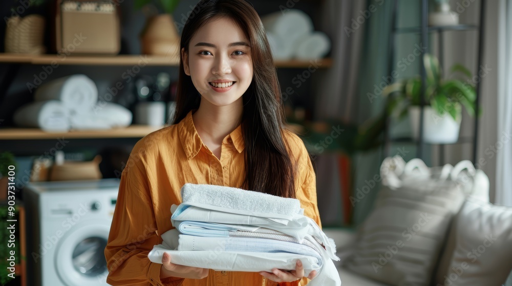 Smiling young asian woman holding a stack of clean in her hands at home. Smiling young asian woman holding a stack of clean in her hands at home.