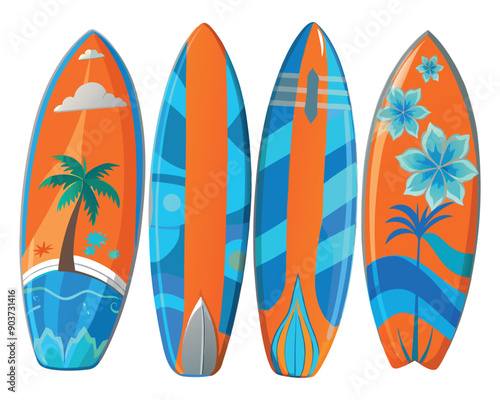 Summer Cool surfers surfing and 
 icons set. Simple illustration  vector