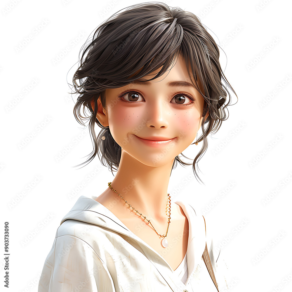 9. 3D cel animation style digital illustration of a Japanese teenage woman with flawless skin and a bright, captivating smile, with expressive eyes, against a white background 9. 3D cel animation style digital illustration of a Japanese teenage woman with flawless skin and a bright, captivating smile, with expressive eyes, against a white background