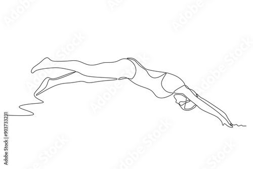 Women participating in swimming competitions jump into the pool. Olympics swimming concept one-line drawing
