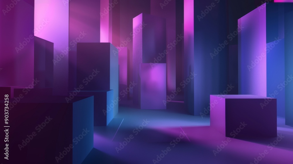 Abstract background wallpaper. Geometric shapes in purple and blue, depth perspective, visualization of data. technology, showcase, banner, game, sport, cosmetic, business, metaverse. Abstract background wallpaper. Geometric shapes in purple and blue, depth perspective, visualization of data. technology, showcase, banner, game, sport, cosmetic, business, metaverse.