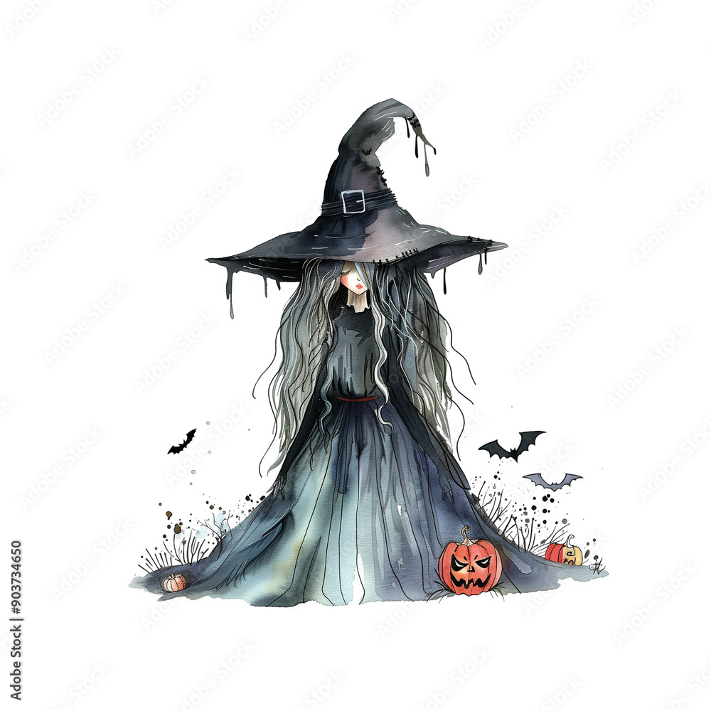 Fototapeta premium Witch, Halloween Watercolor Style Clip Art Transparent Background