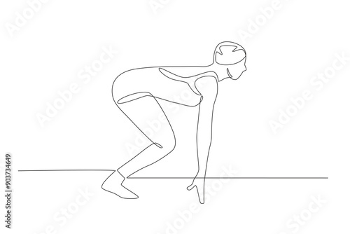 A woman participating in a swimming competition is taking a position to jump. Olympics swimming concept one-line drawing