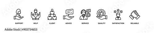 Customer care banner web icon vector illustration concept for customer support and telemarketing service with an icon of help, client, advice, chat, service, reliability, quality, and satisfaction