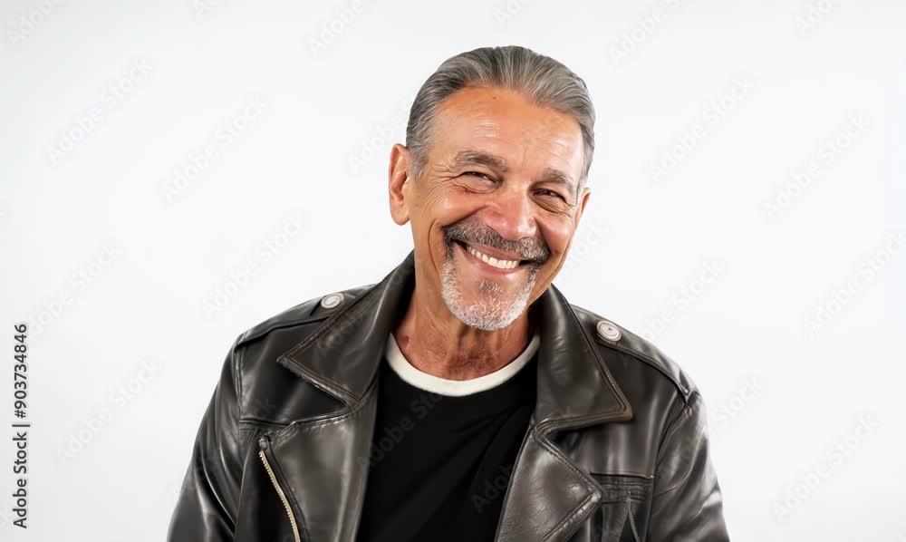 Portrait of a happy senior man in a leather jacket smiling at the camera Portrait of a happy senior man in a leather jacket smiling at the camera