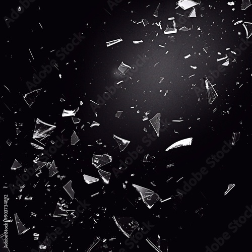 Shattered and broken glass shards flying through the air after crush broken on a black background.