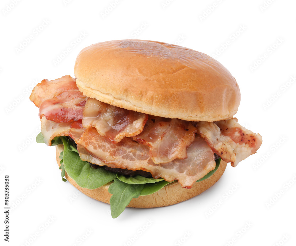 Delicious burger with bacon and greens isolated on white Delicious burger with bacon and greens isolated on white