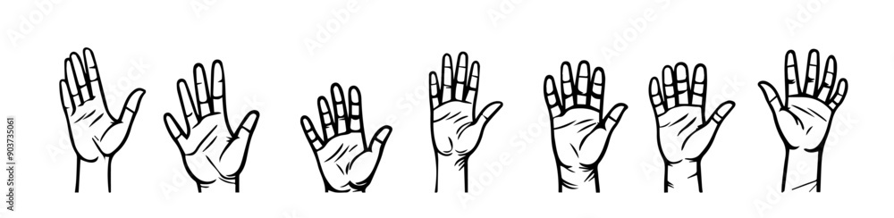 A simple black and white illustration depicting seven open hands reaching upwards, suggesting a collective action of reaching towards something or asking for something. A simple black and white illustration depicting seven open hands reaching upwards, suggesting a collective action of reaching towards something or asking for something.