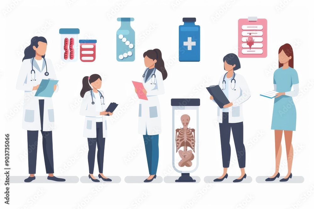 Diverse medical team consulting with patients healthcare professionals discussing diagnosis vector illustration medical environment light blue background Diverse medical team consulting with patients healthcare professionals discussing diagnosis vector illustration medical environment light blue background