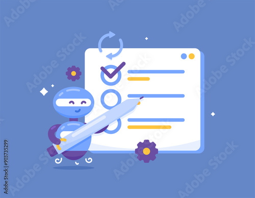 artificial intelligence technology concept. working on a to-do list with the help of an AI system. illustration of an assistant robot automatically doing work or tasks. flat style design. graphic elem