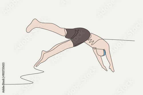 Colored men participating in swimming competitions start swimming. Olympics swimming concept one-line drawing