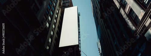A tall white billboard stands upright on the side of a building. mock up