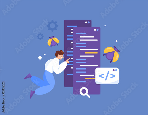 software testing concept. flaw analysis in a program or system. technology weaknesses. illustration of a bug hunter looking for vulnerabilities and bugs in a program script. flat style design. element