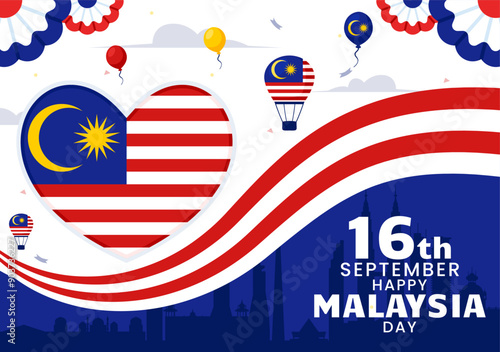 Happy Malaysia Independence Day Vector Illustration on September 16 with Waving Flag and Ribbon in a National Holiday Flat Style Cartoon Background
