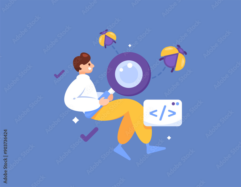 software testing concept. bug analysis in a program or system. technological weaknesses. illustration of a bug hunter looking for vulnerabilities and bugs in an application. flat style design. graphic software testing concept. bug analysis in a program or system. technological weaknesses. illustration of a bug hunter looking for vulnerabilities and bugs in an application. flat style design. graphic