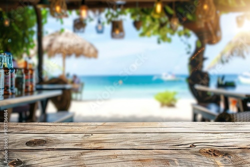 Holztisch mit Beachbar Hintergrund - Sommer Strandbar Mockup  photo