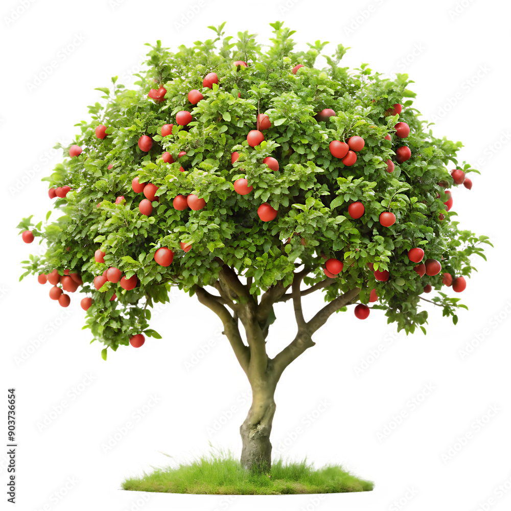 Apple Tree with Lush Green Leaves and Ripe Red Apples on White Background Apple Tree with Lush Green Leaves and Ripe Red Apples on White Background
