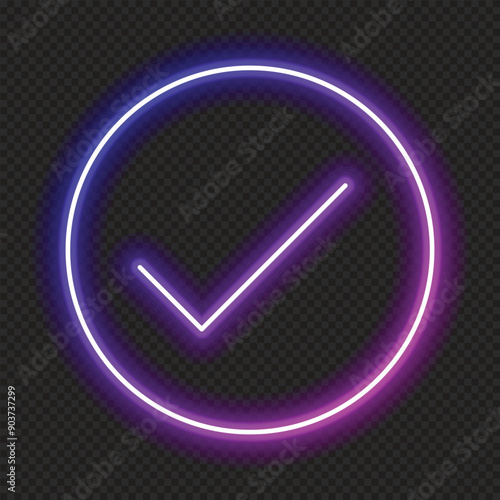 Check mark in neon style. Purple tick check mark. Retro sign with glowing neon. Vector illustration